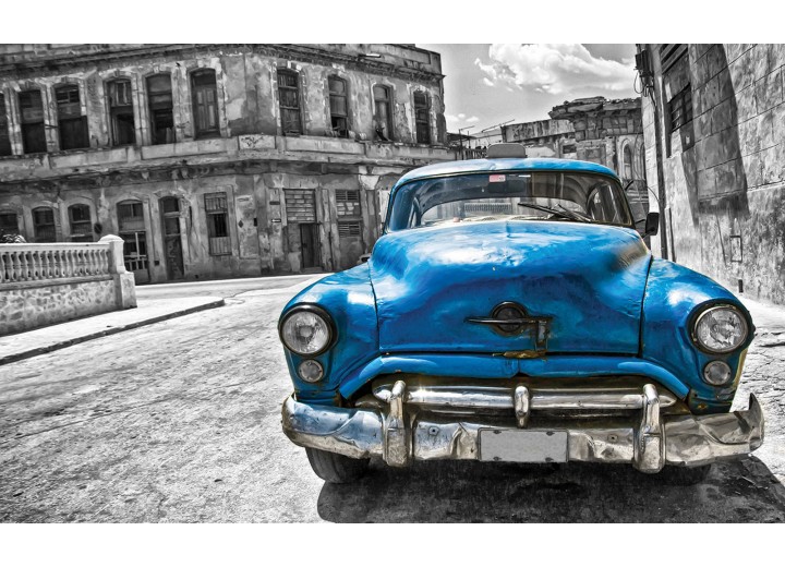 Fotobehang Vlies | Oldtimer, Auto | Blauw, Grijs | 254x184cm
