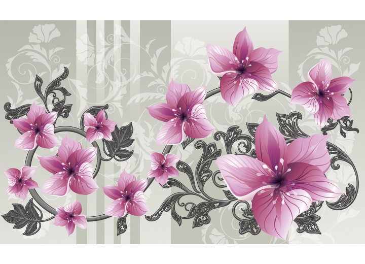 Fotobehang Vlies | Bloemen | Roze, Grijs | 254x184cm