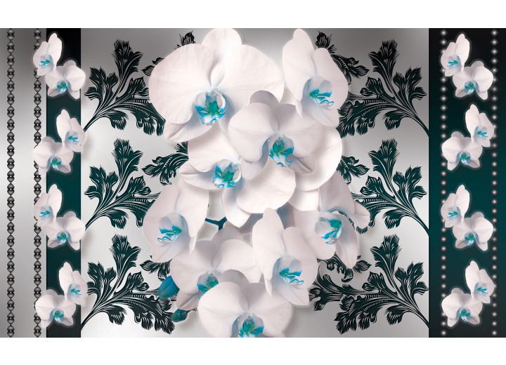 Fotobehang Vlies | Bloemen, Orchideeën | Turquoise, Wit | 254x184cm