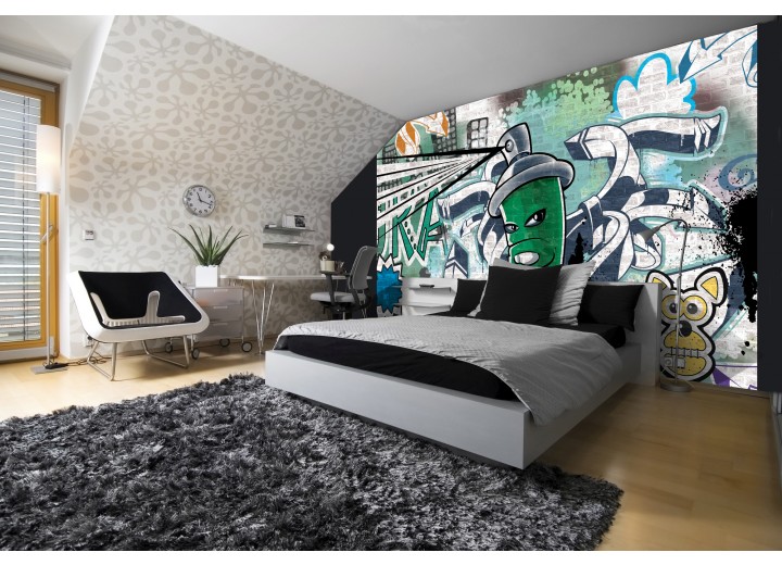 Fotobehang Papier Graffiti | Groen, Grijs | 254x184cm