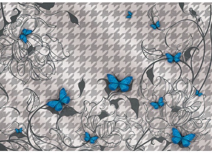 Fotobehang Vlies | Bloemen, Vlinder | Blauw, Grijs | 254x184cm