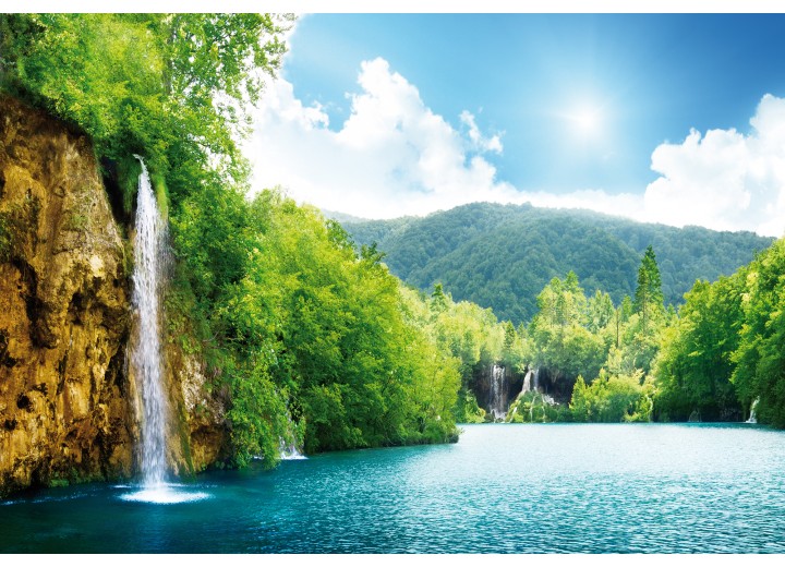 Fotobehang Vlies | Natuur, Waterval | Groen, Blauw | 254x184cm
