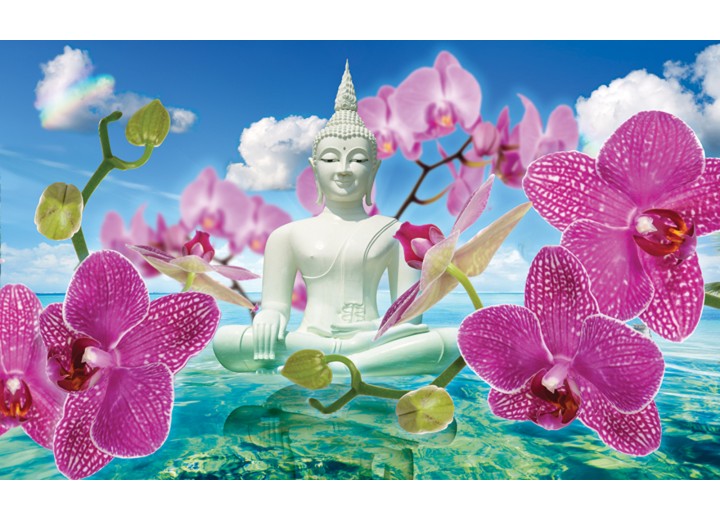 Fotobehang Vlies | Boeddha, Orchidee | Blauw | 254x184cm