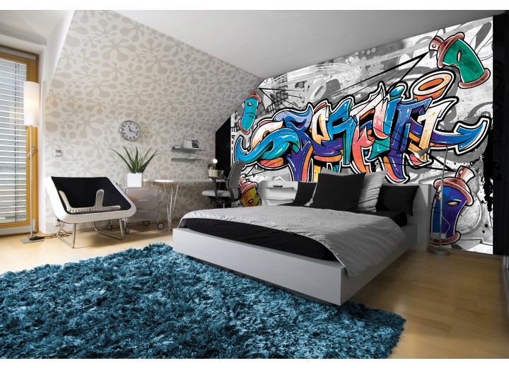 Fotobehang Papier Graffiti | Grijs, Blauw | 368x254cm