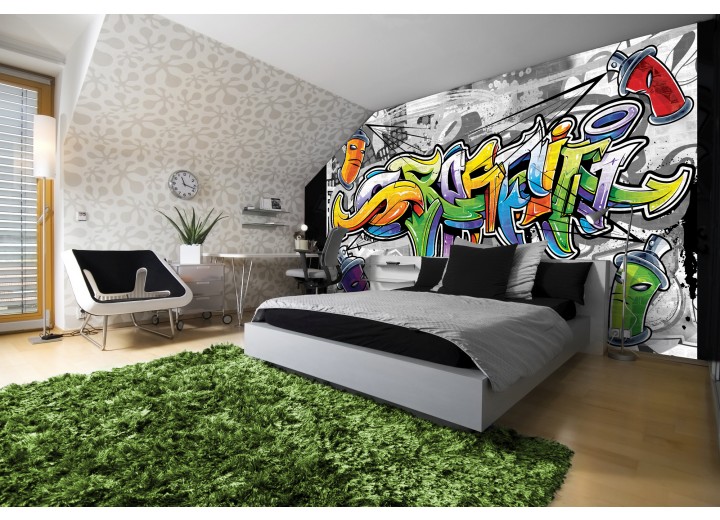 Fotobehang Graffiti | Grijs, Geel | 312x219cm
