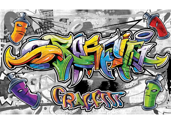 Fotobehang Vlies | Graffiti | Grijs, Geel | 254x184cm