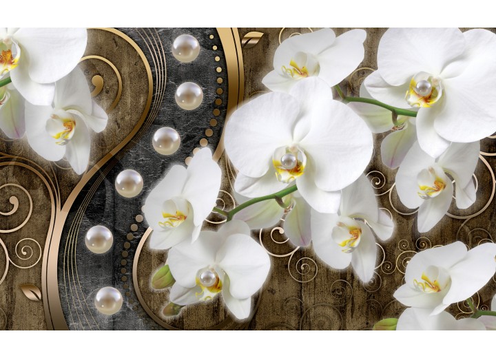 Fotobehang Vlies | Orchidee, Bloemen | Wit, Goud | 254x184cm