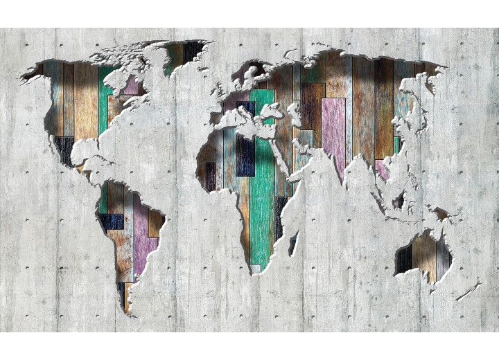 Fotobehang Vlies | Wereldkaart | Grijs, Groen | 254x184cm