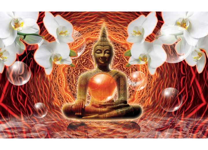 Fotobehang Vlies | Boeddha, Orchidee | Oranje | 254x184cm