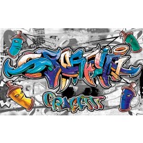 Fotobehang Papier Graffiti | Grijs, Blauw | 254x184cm